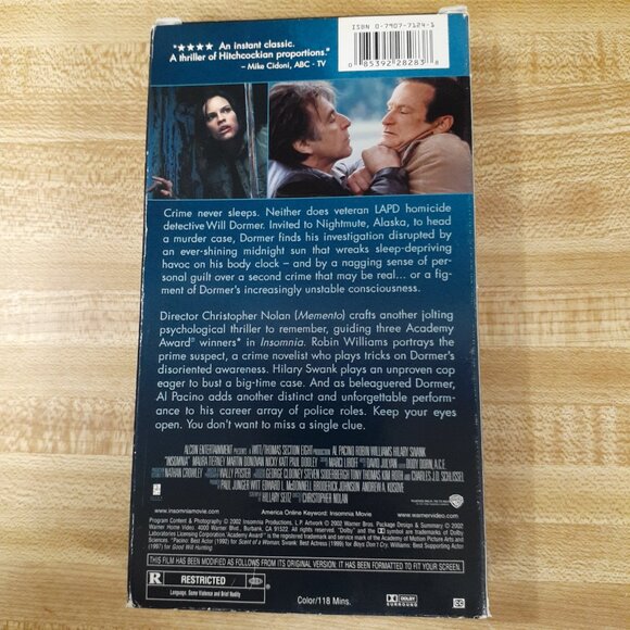 Insomnia 2002 VHS Chris Nolan Al Pacino Robin Williams Thriller MovieTime Rental - Picture 5 of 10